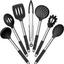 E-far Silicone Cooking Utensils Set, 7 Pcs Heat Resistant Kitchen Utensils with Stainless Steel Handle, Slotted Turner, Spoon, Soup Ladle, Pasta Server, Skimmer, Tongs for Nonstick Cookware, Black