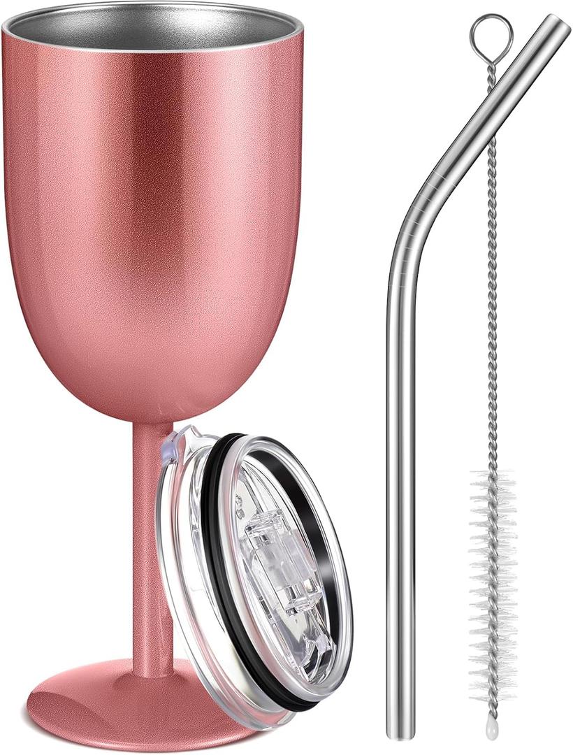 1 Pc Insulated Wine Tumbler with Lid Straw Brush 10oz Stainless Steel Glasses Cups Double Walled Vacuum Insulated Wine Tumbler for Christmas Women Men Holiday Birthday Gifts (Rose Gold)