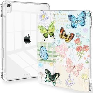 Feams for iPad A16 11th Generation 11 Inch 2025, iPad 10th Generation Case 10.9 Inch 2022 Case Clear Back Cover with Pencil Holder & Auto Sleep, Colorful Butterfly