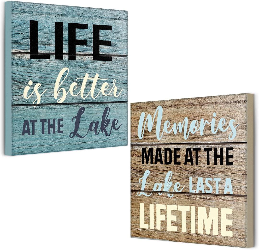 Yulejo 2 Pcs Summer Lake House Decor Memories at The Lake Life Is Better Wooden Motivational Rustic loch Cabin Home Wall Decor Primitive Country loch Sign for Farmhouse Kitchen