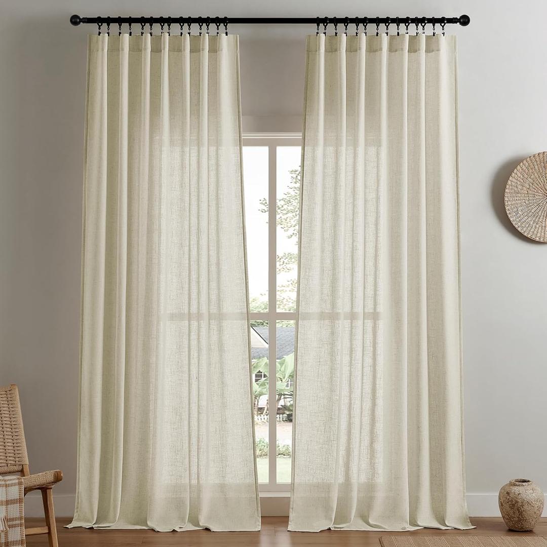 Linen Curtains for Living Room,Semi-Sheer Curtains 72 Inches Long,Living Room Drapes 2 Panel Sets,Cream Pinch Pleated Drapes