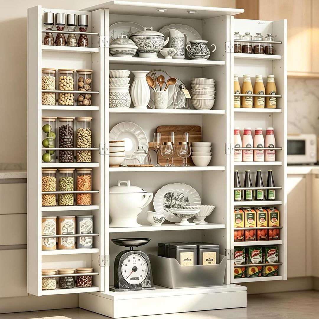 kepptory 47" Kitchen Pantry Cabinet with Doors and Adjustable Shelves, Freestanding Pantry Storage Cabinet, Farmhouse Buffet Cupboard for Kitchen, Dining Room, Living Room, White