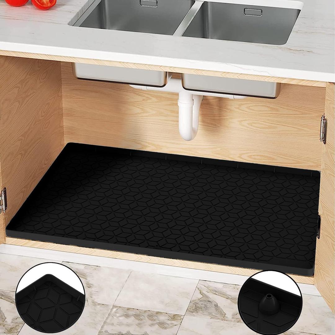 Under Sink Mat for Kitchen Silicone Waterproof Under Sink Liner, Flexible Sink Cabinet Organizer Tray with Drain Hole, Hold up to 3.3 Gallons Liquid, Easy to Clean (Black, 28X19)
