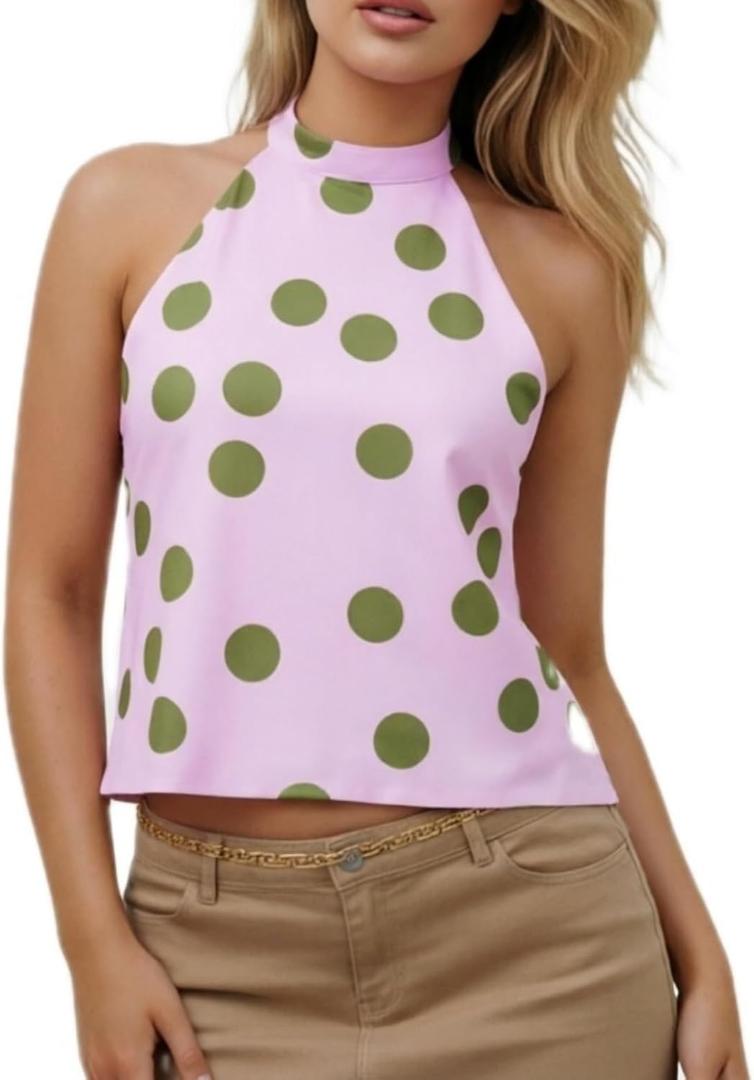Sunloudy Women Halter Mock Neck Tank Tops Sleeveless Backless Floral Print Top Trendy Open Back Going Out Camisole (Blue, M)