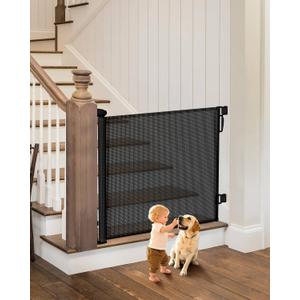 Retractable Baby Gate - 55" Wide Mesh Pet Gate with Anti-Crawling Hook, Safety Lock, One-Hand Operation, 34" Tall Baby Gate for Stairs, Doorways, Hallways, Garage, Indoor Outdoor, Black
