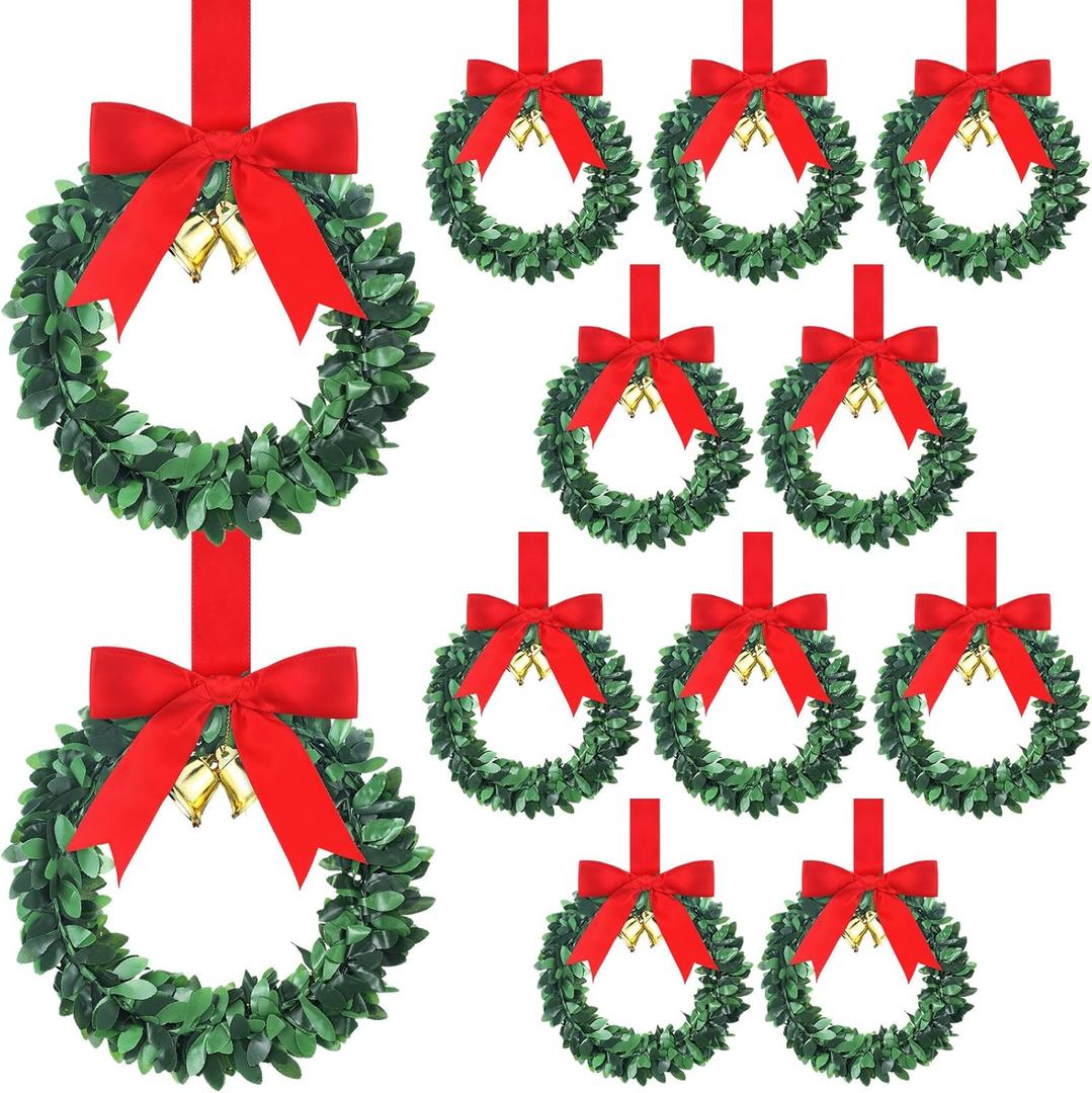 Syhood 12 Pieces 6" Christmas Kitchen Cabinet Wreaths with Ribbon Gold Bells Mini Christmas Wreath Small for Kitchen Window Front Door Xmas Holiday Indoor Home Decor(Red, Silk)
