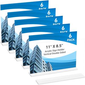 6 Pack Acrylic Sign Holder 11 x 8.5 Horizontal, Double-Sided Clear Sign Holder Plastic Stands for Display, T Shape Acrylic Table Sign Stands for Office Store Restaurants Wedding Party Decoration