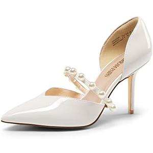 DREAM PAIRS Women's Closed Toe High Heels Stiletto Pointed Toe Strappy Pearl Elegant D'Orsay Dress Wedding Party Pumps Shoes 7.5, White