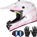 Youth Kids Dirt Bike Helmet for Boys & Girls,F001 Full Face Motorcycle Helmet for Off-Road ATV Street Riding Four Wheeler Mountain Bike with Goggles Gloves,DOT Approved(Pink Flame,M)