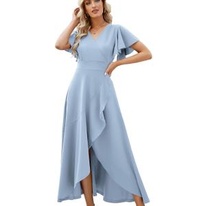 Formal Dresses for Women, Gowns Evening Party Cocktail Dress, Long Split Elegant V Neck Wrap Ruffle Wedding Guest A-line Dresses Aqua Blue-XL