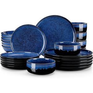 vancasso Starry Plates and Bowls Sets for 6, 24 Pieces Dinnerware Sets, Blue Reactive Glaze Dishes Sets for Kitchen, Scratch Resistant Stoneware Dishes Set, Dishwasher and Microwave Safe