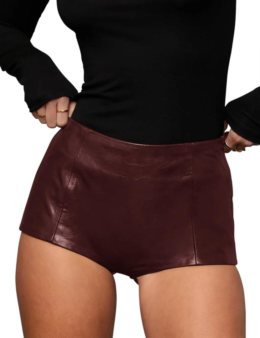 Women's Faux Leather Shorts High Waist Stretch Skinny Mini Shorts Sexy Hot Pants (Wine Red) XL