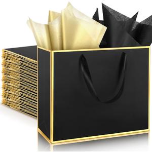 ReliThick 12 Pack Metallic Paper Gift Bag with Handles and Tissue Paper 11.8 x 10 x 4'' Thank You Favor Bag for St. Patrick's Day Wedding Bridesmaid Groomsman 5 Senses Gifts (Black,Gold)