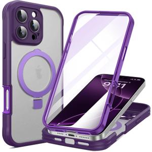 for iPhone 16 Pro Max Case with Invisible Magnetic Stand, Compatible with Mag-Safe Translucent Matte with Built-in Screen Protector, Shockproof Protective Phone Case for Women Men, Purple