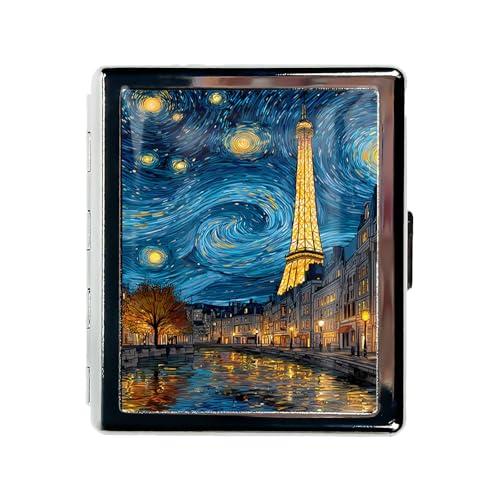 Metal Pill Organizer Box with Mirror – 8 Compartment Chrome Pill Case, Pocket-Size Travel Pill Container for Vitamins, Seniors, Daily Use (Starry Night Over Paris)