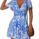 ZABERRY Womens Romper Shorts With Pockets Floral Beach Dress Blue Hawaiian Dress Summer Jumpsuits for Women 2025 (Blue, L)