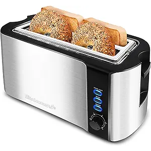 Elite Gourmet ECT-3100 Long Slot 4 Slice Toaster, Reheat, 6 Toast Settings, Defrost, Cancel Functions, Built-in Warming Rack, Extra Wide Slots for Bagels & Waffles, Stainless Steel & Black