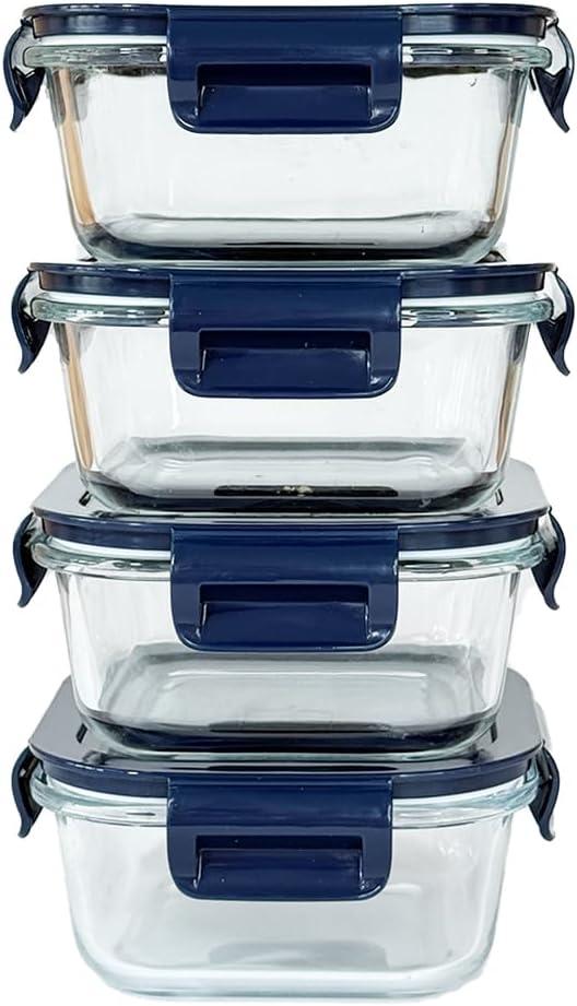 Small Square Glass Food Storage Containers With Lids 2 Cup Square Glass Containers, 16 oz Small Food Containers, Leak-proof lunch Bowls, Dishwasher Microwave Freezer Safe -(Dark Blue)