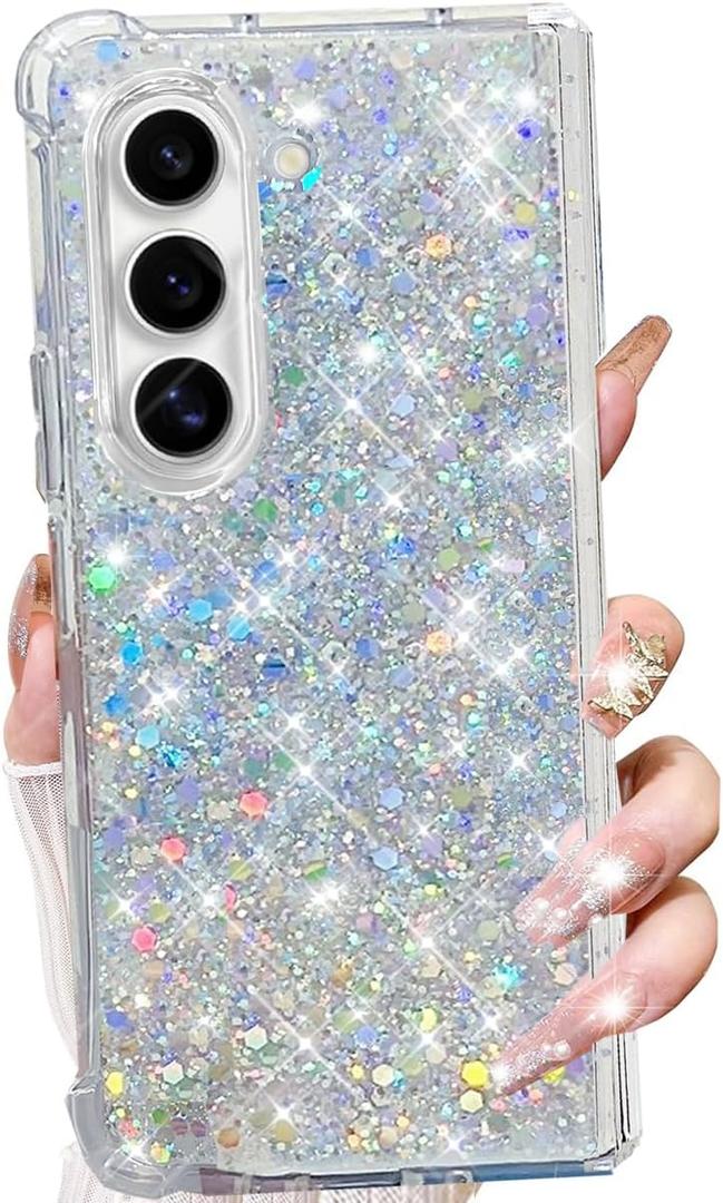 for Samsung Galaxy Z Fold 6 Glitter Case,Cute Bling Sparkle Sparkly Shiny Soft TPU Silicone Clear Bumper Four Corner Shockproof Protective Case for Women Girls for Galaxy Z Fold 6 5G (Silver)