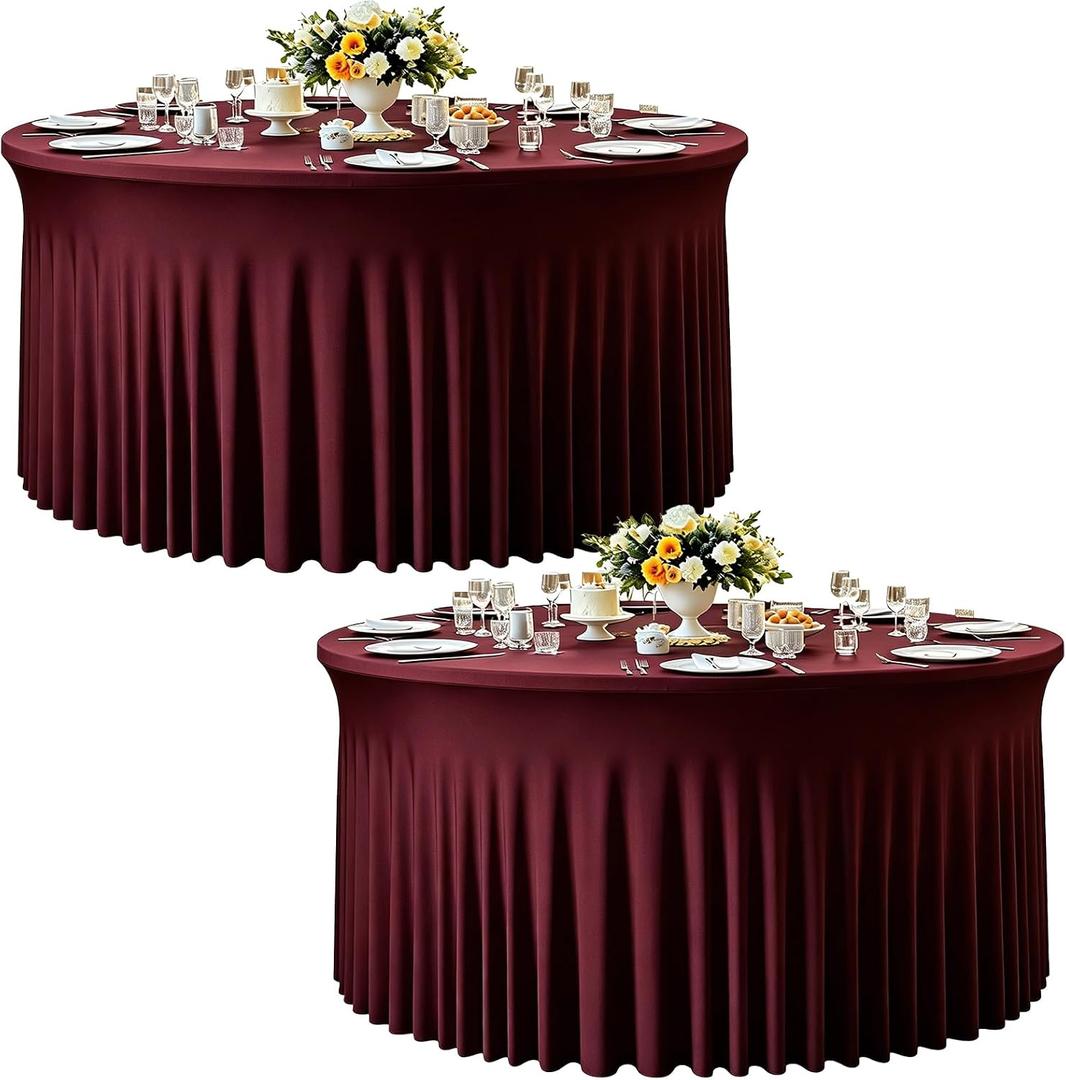 2 Pack Burgundy Table Cloth for 5FT Round Tables, Fitted Spandex 120 inch Round Tablecloth Wrinkle Free Table Skirt for Receptions Birthday Photography Party Social Events Engagement Party Decoration
