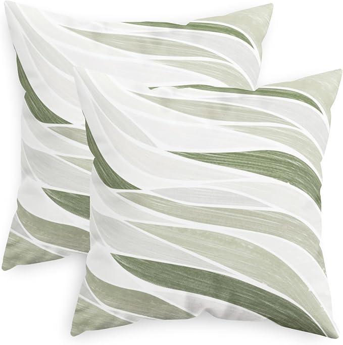 CaliTime Throw Pillow Covers Decorative 18 X 18 Inches Pack of 2 Cozy Fleece Two-Tone Abstract Sea Wave Geometric Cushion Cases for Couch Bed Sofa Farmhouse Decoration Sage Green Grey