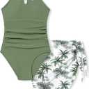 KANGKANG Girls Swimsuit Quick Dry Cut Out One Piece Swimsuits with Tropical Print Cover Up Skirt Bathing Suit Swimwear 7-18Y (13-14 Years, Olive Green-1)