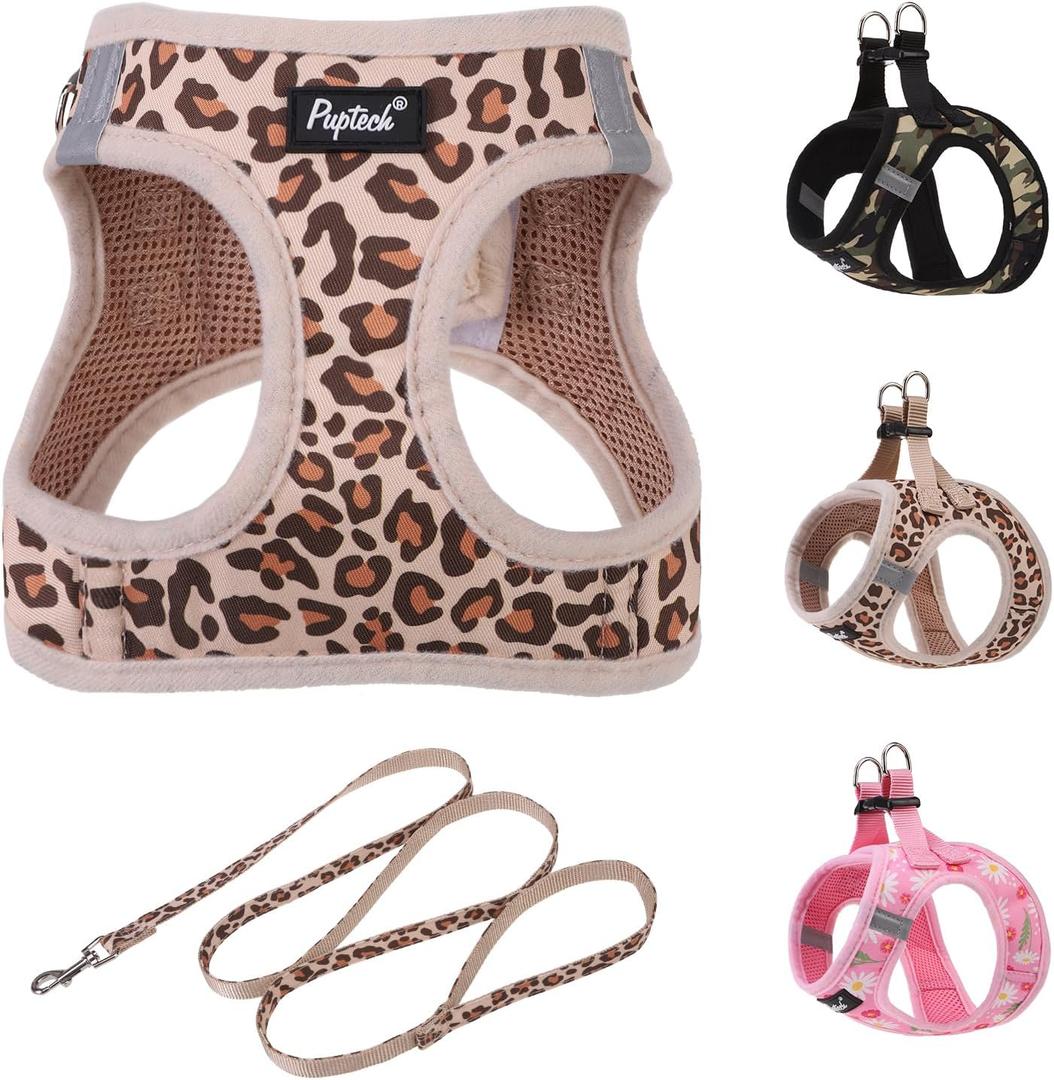 PUPTECK Dog Harness and Leash Set for Small Medium Dogs No Pull Step-in Soft Mesh Puppy Cat Vest Harnesses Reflective at Night, Brown Leopard Print, S (S(CHEST 14.5"-16", 6.6-14 lbs))