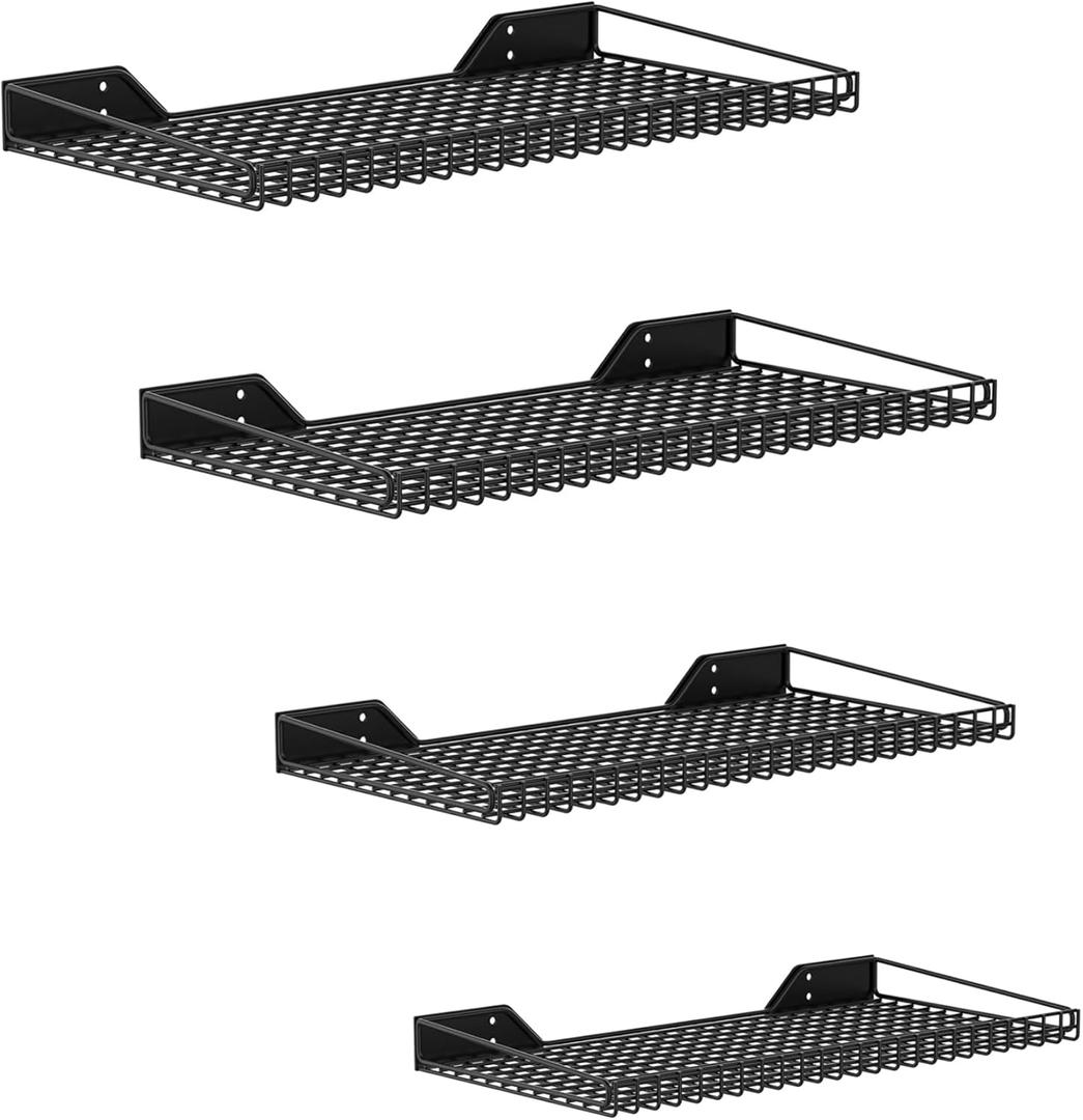 WALMANN Garage Wall Shelf, 4 Mixed-Size Wall-Mounted Storage Shelves for Garage, Closet, Laundry Room, Heavy Duty Wall Shelving, Holds Up to 65 lbs(Black, 4 Shelves)
