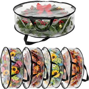 5 Pcs Clear Wreath Storage Bags, 24 x 8 Inch Round Christmas Wreaths Storage Containers with Handle Thickened PVC Waterproof Wreaths Protectors for Holiday Wreath (Black)