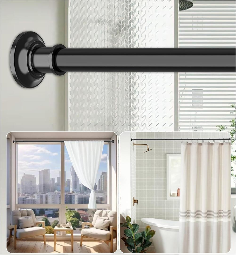 Tension Curtain Rod, Extra Long Outdoor Curtain Rod 43-131 Inch Adjustable, 1.1 Inch Diameter Thick Heavy Duty Black Spring Curtain Rod, Stainless Steel Shower Rod for Bathroom No Drilling, No Rust
