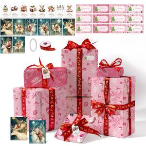 Tlenpo Christmas Wrapping Paper, with 16.4 Yd of Ribbon, Greeting Cards, Gift Tags & Stickers, 8 Sheets Xmas Gift Wrap Paper Suitable for Christmas Winter Holiday New Year Party Decoration, 19.6"  28.3" (Pink)