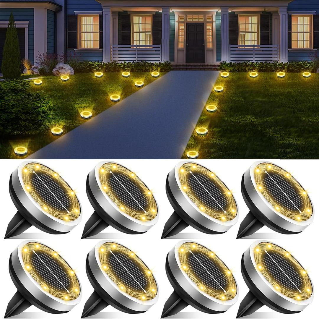 Solar Lights Outdoor Waterproof, 8 Pack 8 LED, Thickened Stainless Steel Ground Light, Solar Garden Lights Landscape Lighting for Patio Pathway Lawn Yard Deck Driveway Walkway, Warm White