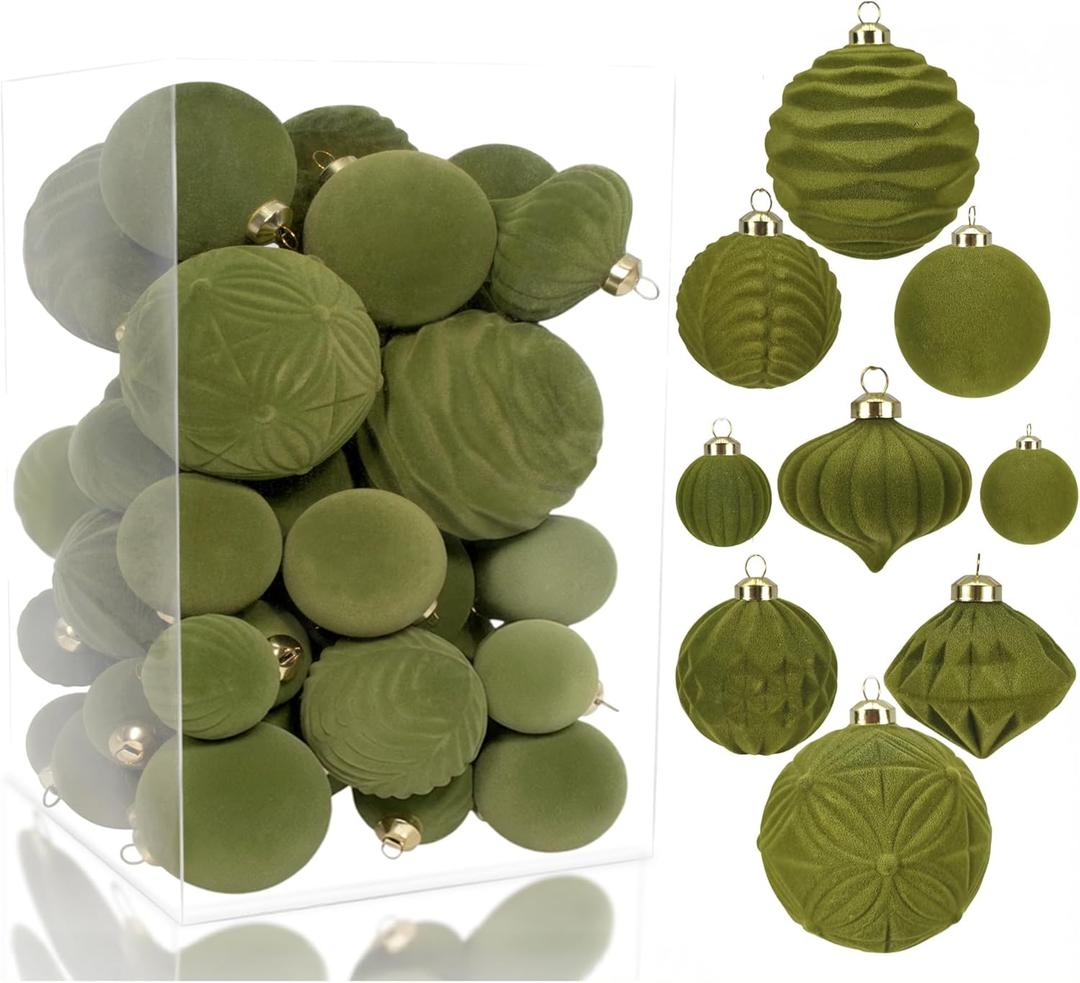 42PCS Green Velvet Christmas Ball Ornaments, Flocked Vintage Rustic Farmhouse Baubles in Assorted Sizes for Xmas Tree Decorations, Hanging Ornaments for Home, Party & Wedding Dcor (Green)