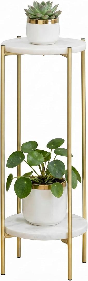 Gold Plant Stand Indoor Tall - 2 Tier White Marble Top Side Table, 29.5 Inch Modern Round Metal End Table for Living Room Corner, Small Bedside Tables for Entryway & Bedroom (11x11, Gold)