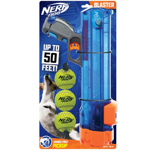 Nerf Dog Tennis Ball Blaster Dog Toy Gift Set, Tennis Ball Dog Fetch Toy Launches up to 50 ft, Dog Ball Thrower for All Breeds Includes Translucent Blue Tennis Ball Launcher and 3 Dog Tennis Balls