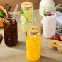 20 Oz Drinking Glasses with Bamboo Lids and Glass Straw - 4 Pcs Glass Cups Beer Ice Coffee Glasses Cute Aesthetic Cup Great for Coffee Bar Accessories Include 2 Cleaning Brushes