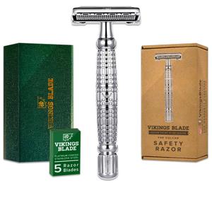 VIKINGS BLADE Double Edge Safety Razor for Men + 5 Swedish Steel Blades + Luxury Case. Long Handle. Smooth, Reusable, Eco-Friendly (The Vulcan) (Chromium Silver)