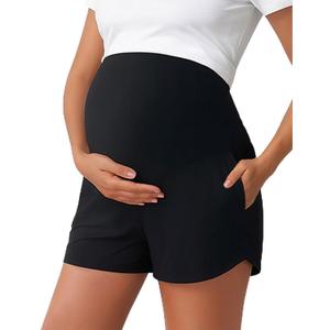 Peauty Maternity Shorts Over the Belly with Pockets, Pregnancy Lounge Shorts, Before, During After Pregnancy (Black, XL)