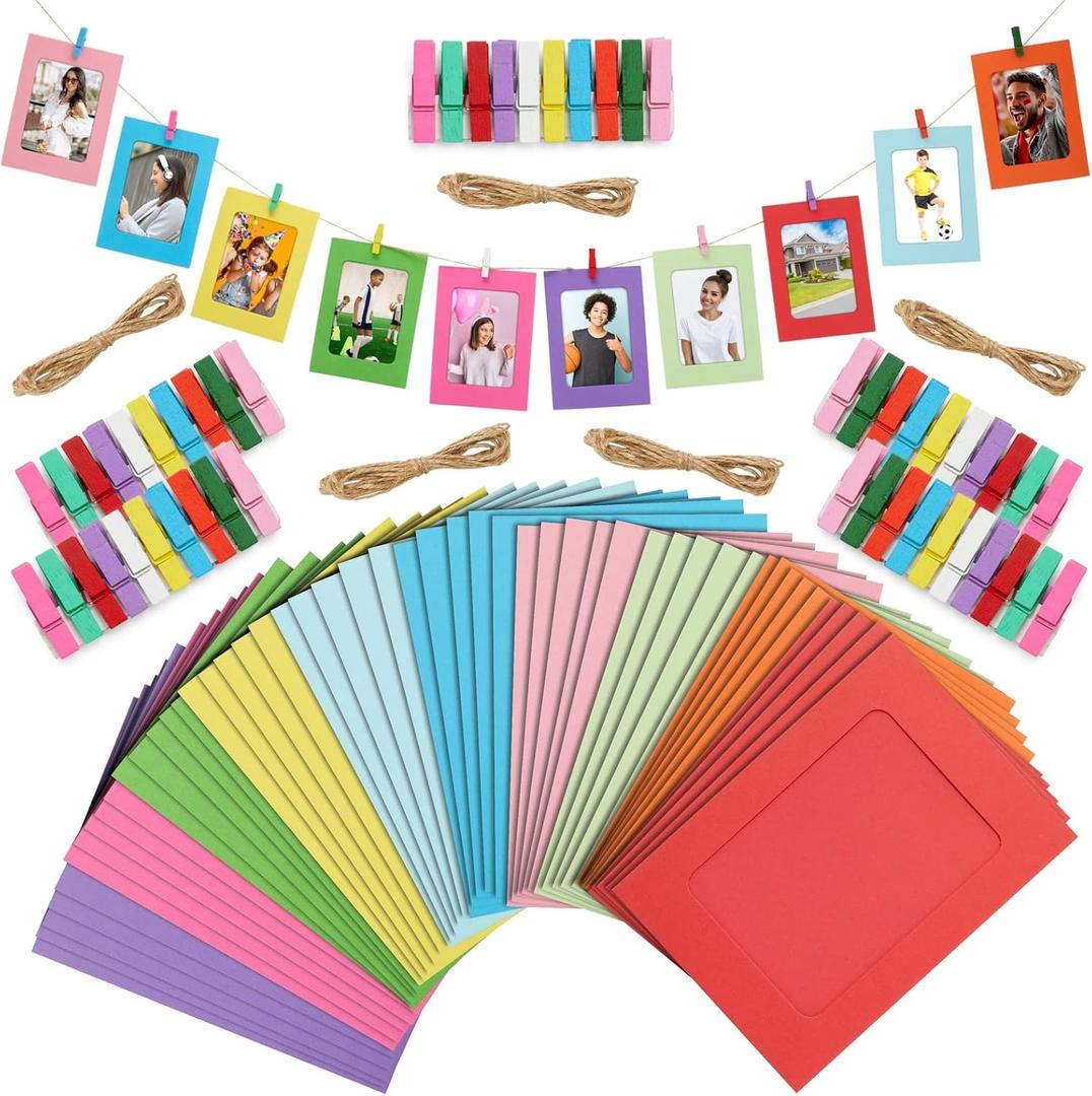 Juvale 50 Pack Paper Picture Frames 4x6, DIY Cardboard Photo Hanging Display with Clips and Strings for Wall Decor (10 Colors) - Paper Photo Frames