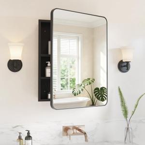 Medicine Cabinet Mirror 20x28 Inch, Black Bathroom Mirror Cabinet with Stepless Adjustable Shelves, Rounded Rectangle Metal Framed, Bathroom Mirror with Storage Recessed or Wall Mount