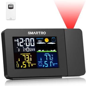 SMARTRO SC91 Projection Alarm Clock for Bedrooms with Weather Station, Wireless Indoor Outdoor Thermometer, Temperature Humidity Monitor Gauge Hygrometer