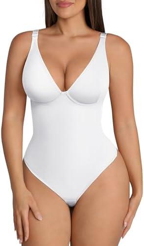 FeelinGirl Shapewear Bodysuits for Women Tummy Control Body Suits Deep V Neck Thong Body Shaper L