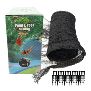 POYEE 28x30ft Pond Netting for Leaves Leaf Net Cover Pond Net with Small Fine Mesh Protecting Koi Fish from Birds Cats Stakes Included
