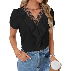 Vrtige Women's Elegant Lace V Neck Petal Short Sleeve Ruffle Work Chiffon Blouse Shirt Top Black Small (S)
