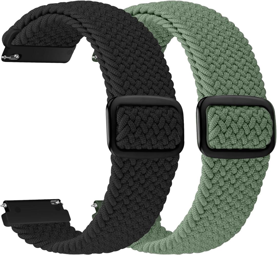 2 Pack Quick Release Braided Bands - 18mm 19mm 20mm 22mm 24mm Solo Loop Adjustable Soft Band for Women Men (Black+Dark Olive Green)