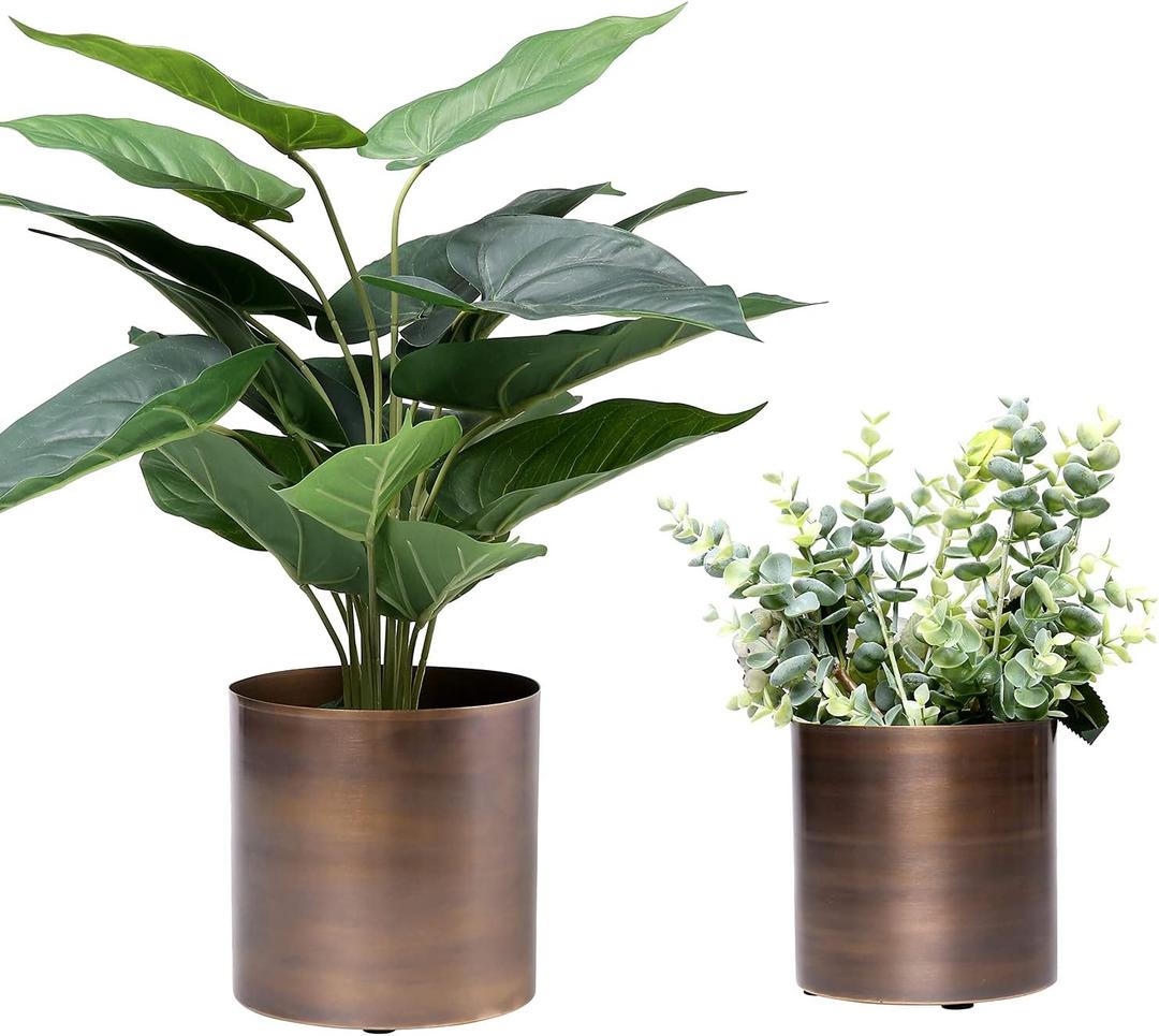 MyGift Antique Bronze Tone Metal Cylindrical Indoor Plant Pot, Succulent Planters Flower Pots, 6 and 5-inch, Set of 2 - Handcrafted in India