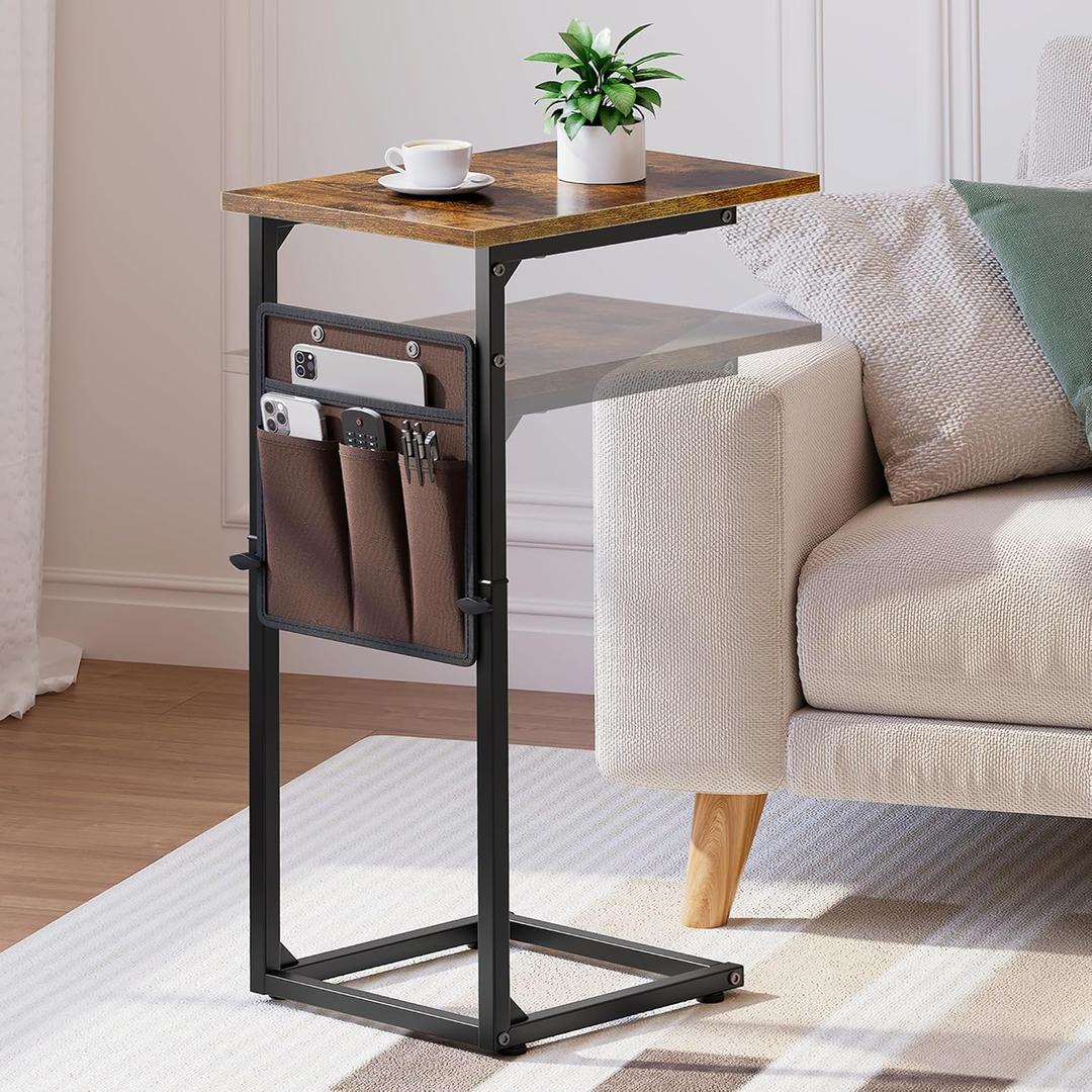 Vagusicc C Shaped End Table, 33"Tall Side Table for Couch, Adjustable Height Sofa Table Small Couch Side Tables, Slide Under Recliner TV Tray Arm Tables with Metal Frame for Living Room,Bedroom,Brown (Rustic Brown)
