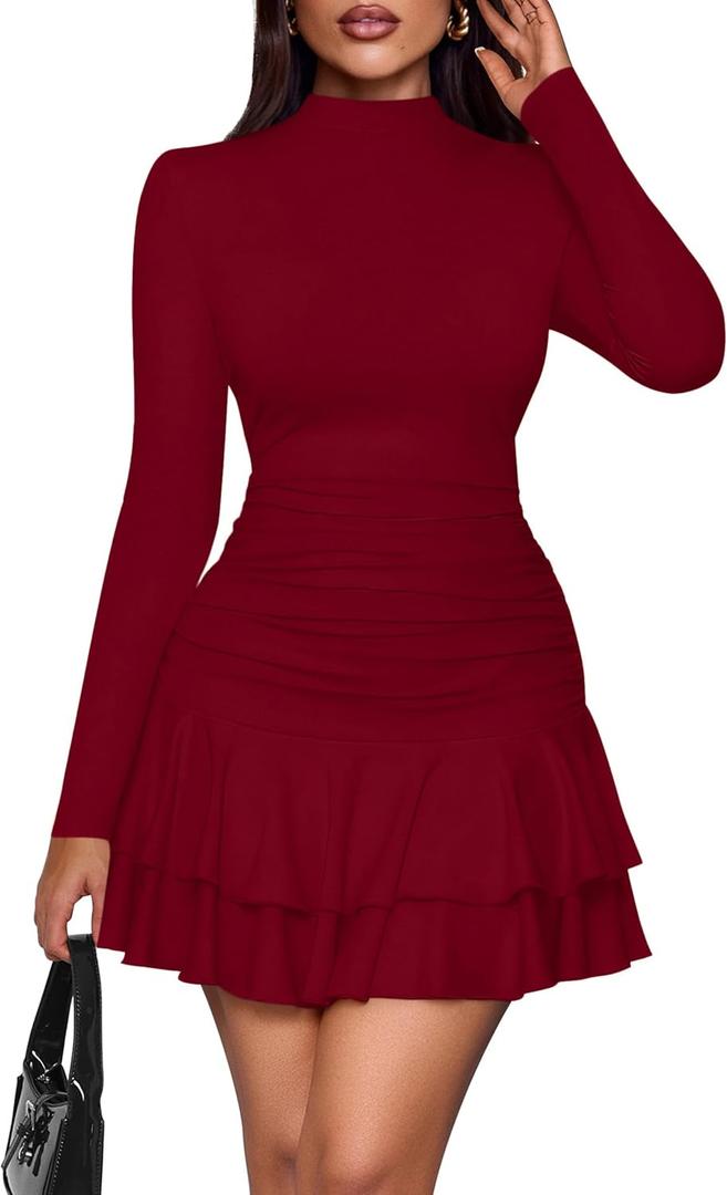 PRETTYGARDEN Womens Spring Long Sleeve Dresses 2026 Mock Neck Ruched Y2K Clothes Ruffle Layered Bodycon Mini Party Dress (Small, Burgundy)