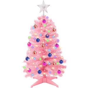3Ft Christmas Tree with Lights, Table Christmas Tree with 50 LED 12 Modes, 3D Star, 15 Hanging Ball Ornaments, Small Prelit Xmas Tree for Tabletop, Home and Office (Pink)