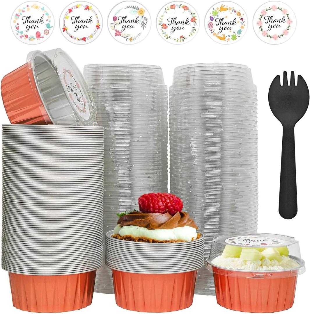100 Pcs Aluminum Foil Baking Cups with Lids,5oz Cupcake Liners Dessert Cups,Disposable Ramekins Mini Cake Containers Tin Mini Muffin Liners for Wedding Christmas Party (Rose gold)